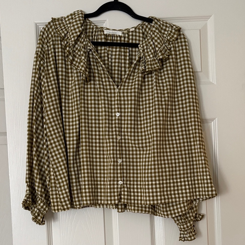 Doen Seychelles Olive Checkered Button Down Shirt